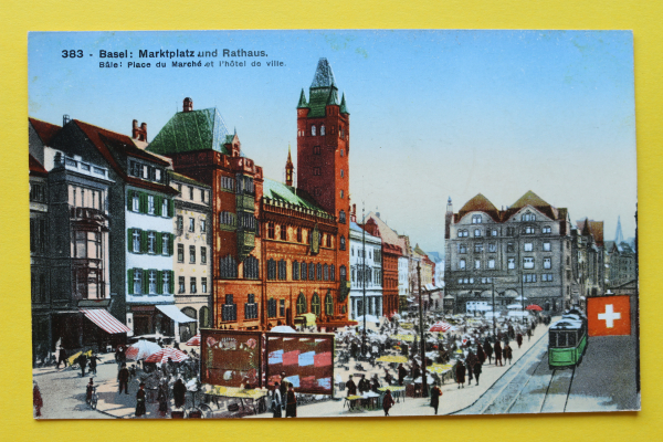 Ansichtskarte Basel / Marktplatz / 1910-1925 / Straßenbahn – Rathaus – Marktstände